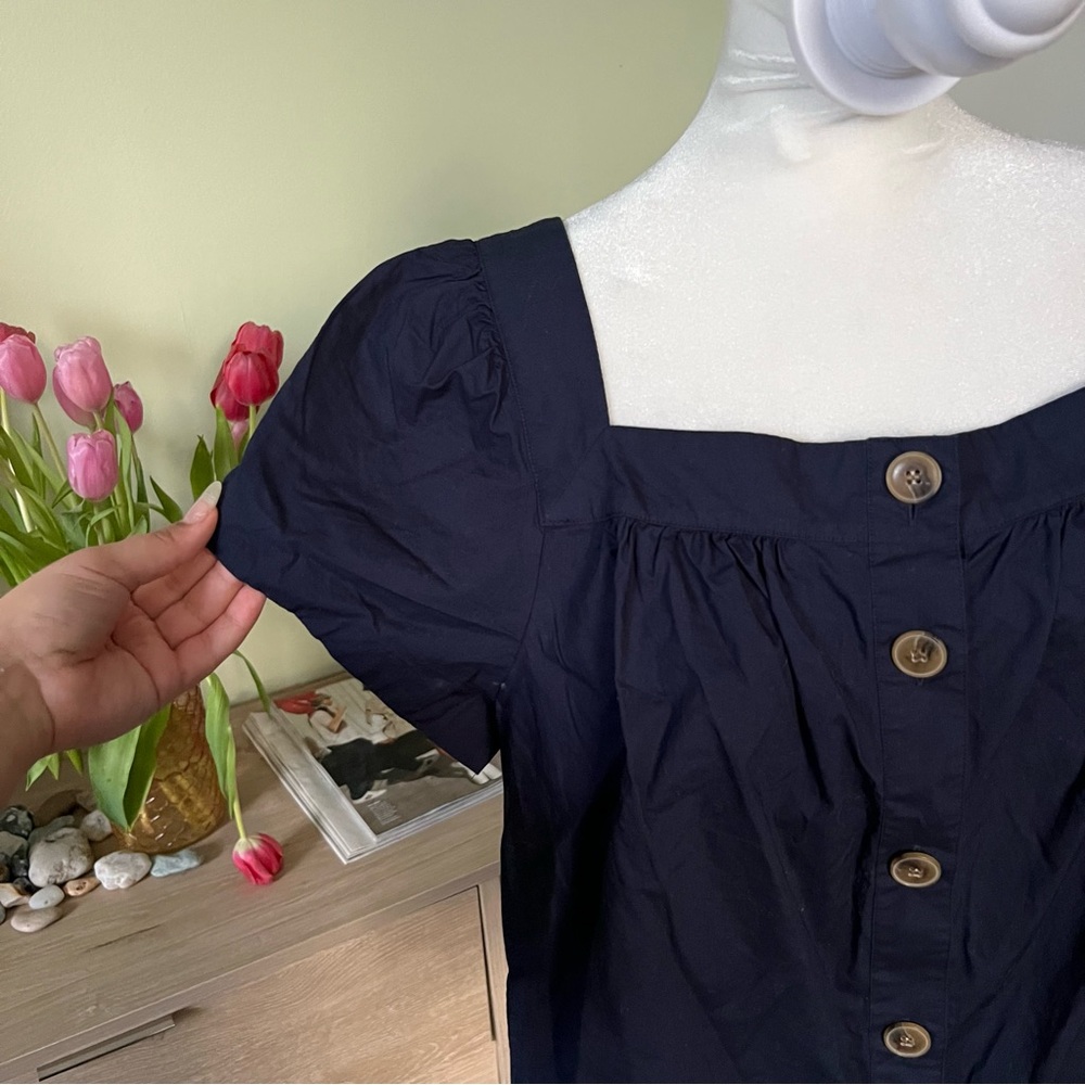 J CREW Navy Blue 100% Cotton Square-Neck Button Puff Cap Sleeve Poplin Blouse XL - Picture 5 of 16